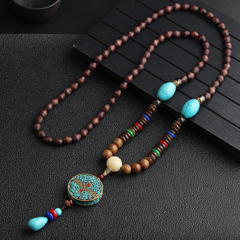 Buddha Stones Turkooizen Dzi-kralen Ketting meditatieketting van wengéhout - Turkoois (synthetisch) - image 0