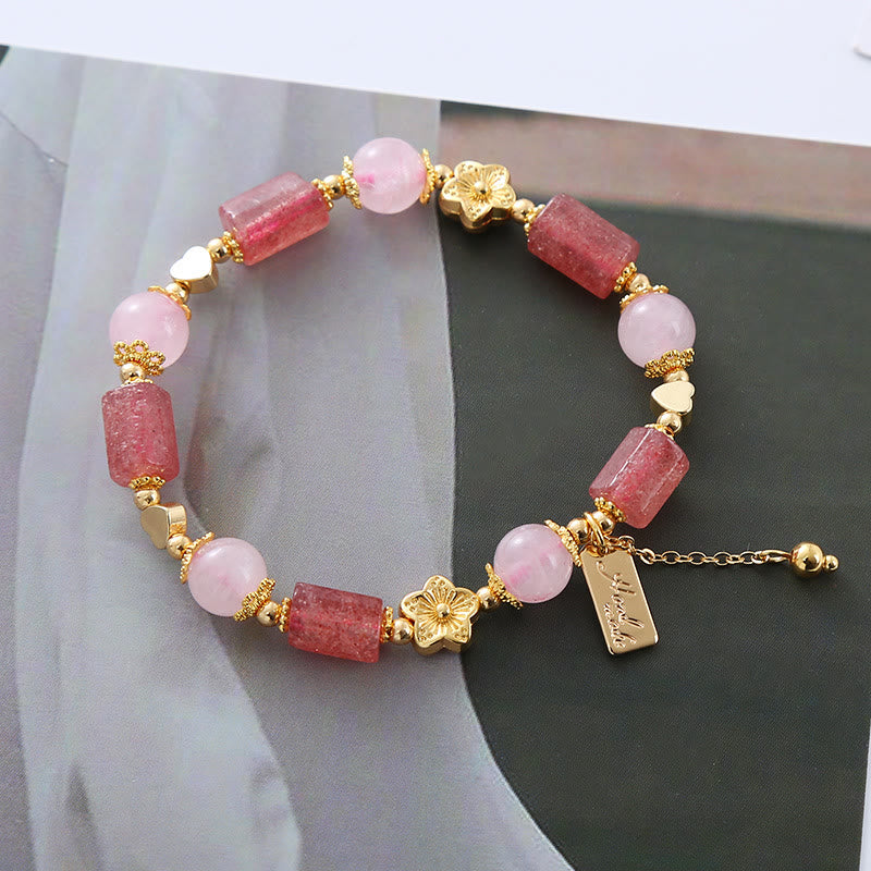 Buddha Stones Aardbeikwarts Roze Kristal Liefdeshart Bloem Positieve Armband - Aardbeikwarts & roze kristal (Polsomtrek 14-16 cm) - image 0