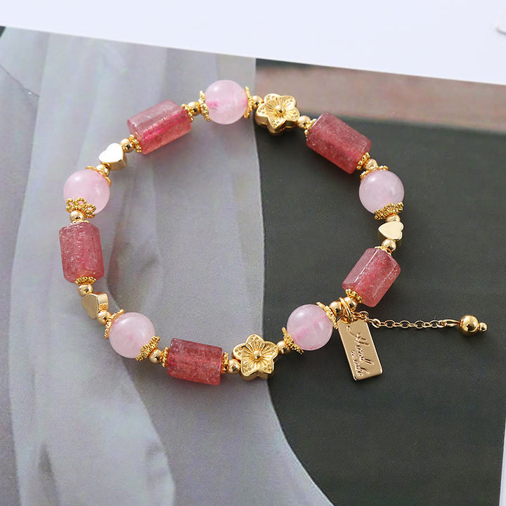 Buddha Stones Aardbeikwarts Roze Kristal Liefdeshart Bloem Positieve Armband - Aardbeikwarts &amp; roze kristal (Polsomtrek 14-16 cm) - image 0