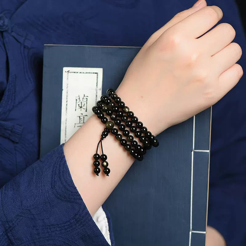 Buddha Stones 108 Mala kralen, natuurlijke goudglans obsidiaan, rijkdom Armband - image 4