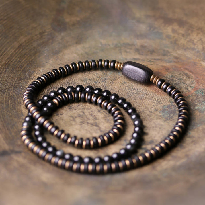 Buddha Stones Regenboog Obsidiaan Ebbenhout Koper Genezende Drievoudige Armband - Regenboogobsidiaan en ebbenhout - 18 cm - image 10