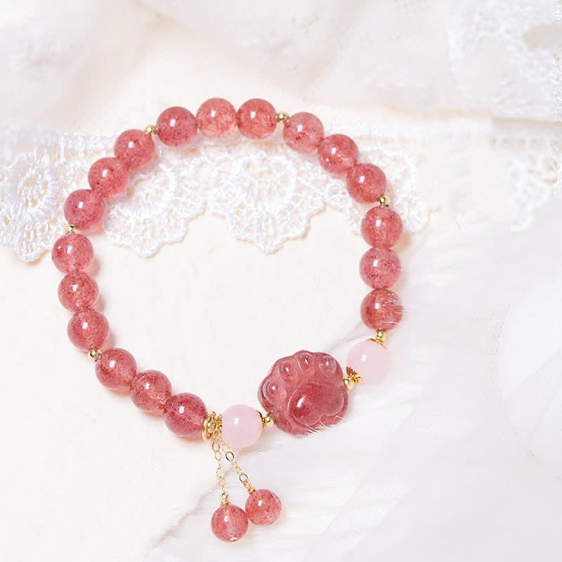 Buddha Stones Natuurlijke aardbeikwarts roze kristallen gelukskattenpoot Armband - Aardbeikwarts - image 0