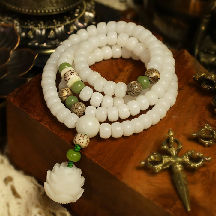 Buddha Stones Witte jade Bodhi Lotus Mala Harmonie Ketting en Armband - image 1