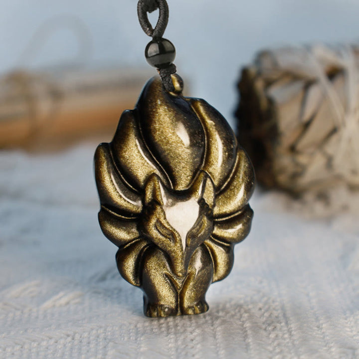 Buddha Stones Natuurlijke fluoriet gouden obsidiaan vossenhanger Ketting - Goudglans Obsidiaan Negenstaartvos - image 6