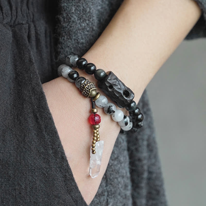 Buddha Stones Armband voor stellen met zwarte rutielkwarts, ebbenhout en witte kristallen - image 1