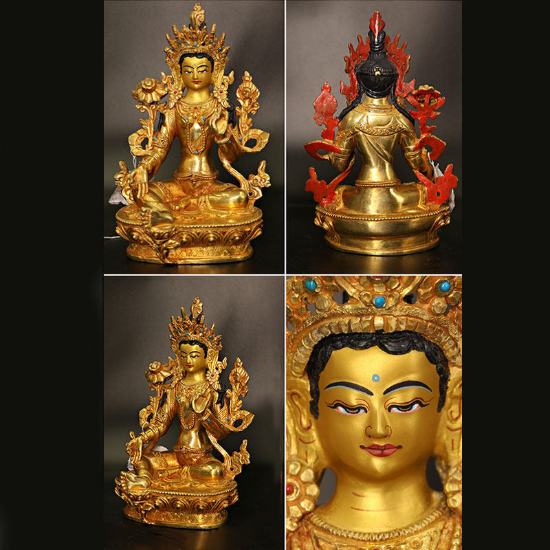 Buddha Stones Bodhisattva Tara Chenrezig Vierarmige Avalokitesvara Beschermingsbeeldje van koper en verguld goud. - image 3