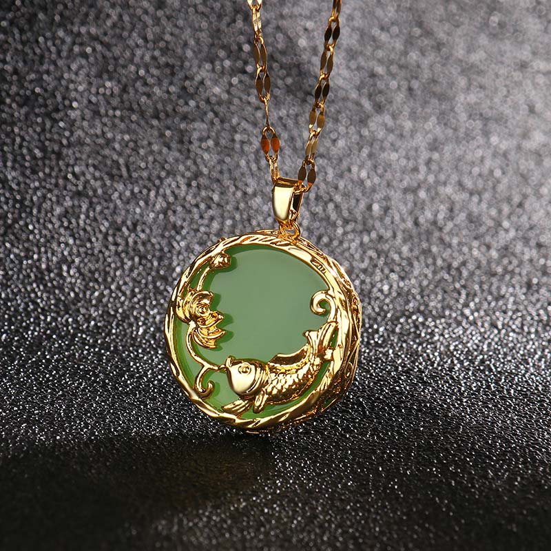 Buddha Stones Ketting met natuurlijke jade, koivis en lotusbloemmotief. - Cyaan jade - image 0
