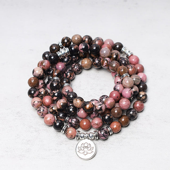Buddha Stones 108 Mala kralen, rhodoniet, lotus, compassie- Armband - image 0