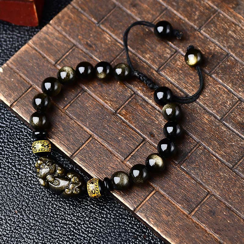 Buddha Stones Natuurlijke gouden glans obsidiaan PiXiu Om Mani Padme Hum Wealth gevlochten Armband - 8mm - image 0