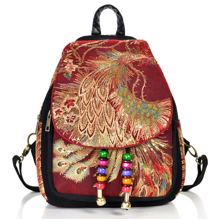 Buddha Stones Rugzak van canvas met pauwenborduurwerk en kwastjes - Wijnrode pauw - image 19