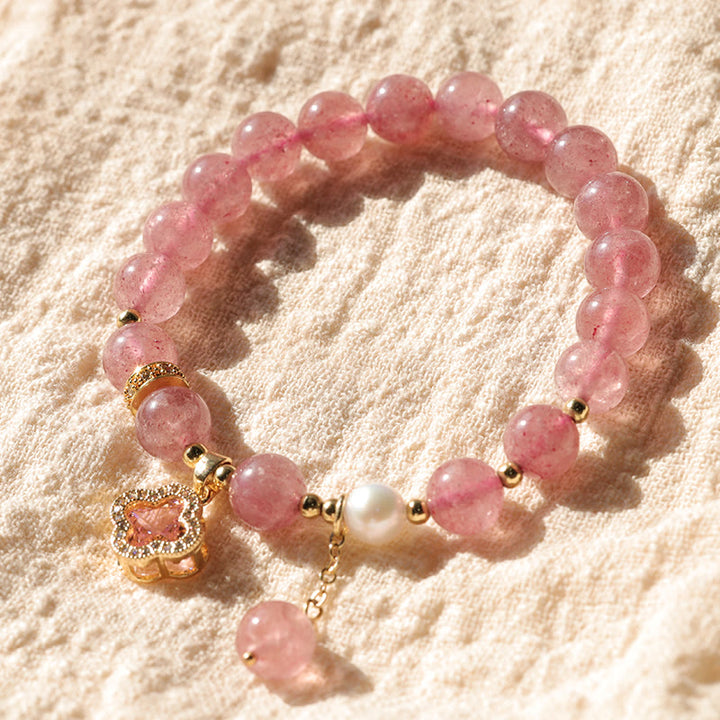 Buddha Stones Aardbeikwarts parel klavertje vier bedeltje helende Armband - image 9