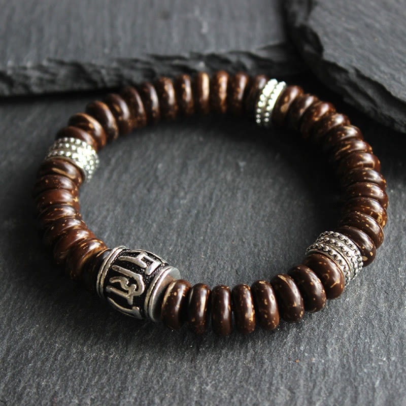 Buddha Stones Natuurlijke Tibetaanse kokosnootschaal Om Mani Padme Hum positieve Armband - Bruine kokosnootschil - 18-20 cm - image 0