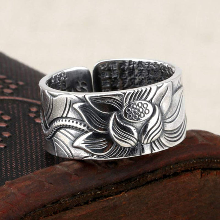 Buddha Stones Ring van 999 sterling zilver met lotussymbool, hart en soetra-bescherming. - image 1