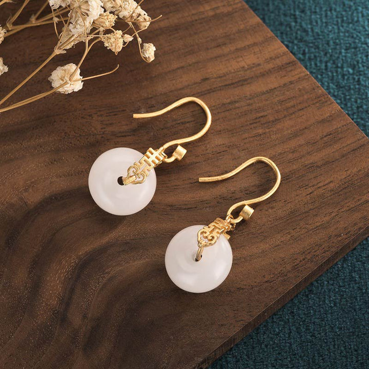 Buddha Stones Witte jade Oorbellen met dubbel gelukssymbool - image 2
