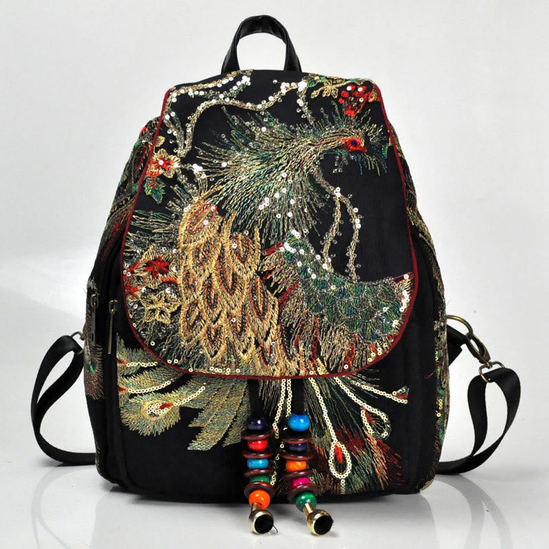Buddha Stones Rugzak van canvas met pauwenborduurwerk en kwastjes - image 2