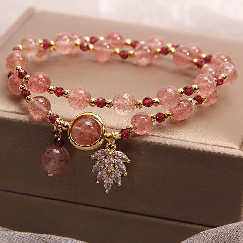 Buddha Stones Armband met dubbele wikkeling, bedeltje van natuurlijk aardbeikwarts, liefdesgenezing en esdoornblad. - image 8