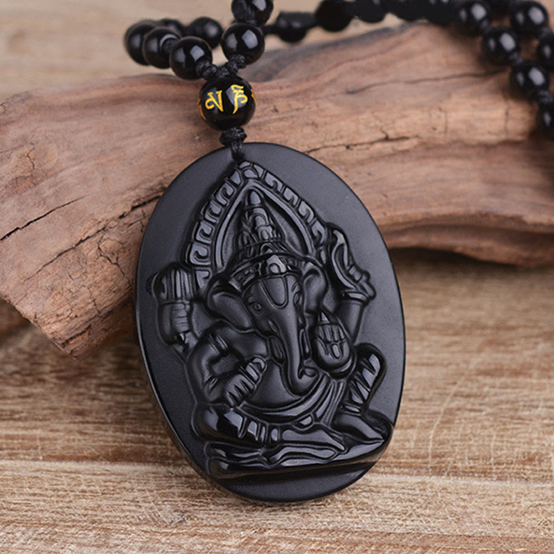 Buddha Stones Tibetaanse obsidiaan Ganesh Ganpati olifant amulet Ketting voor rijkdom. - image 1