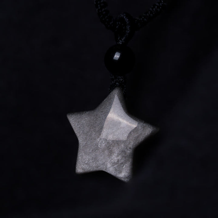 Buddha Stones Natuurlijke zilverglanzende obsidiaan ster halve maan Ketting - image 4