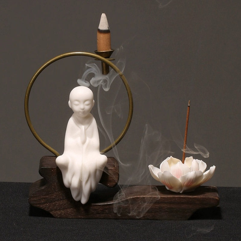 Buddha Stones Keramische lotusvormige wierookbrander voor Wierook meditatie. - Witte Kleine Monnik - image 9