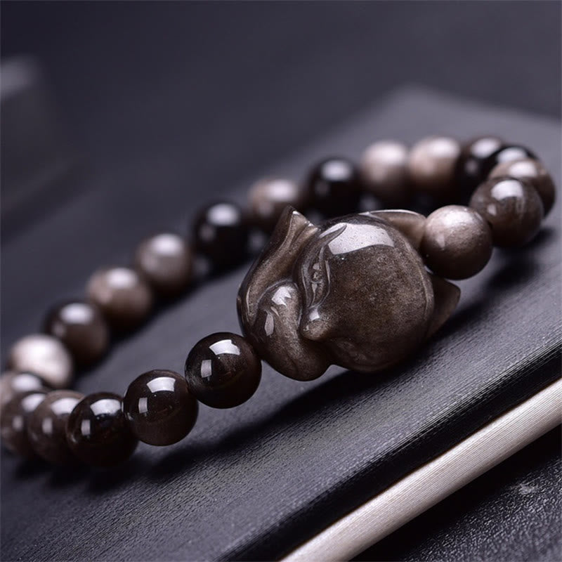 Buddha Stones Armband van obsidiaan met natuurlijke zilverglans en vossenmotief - image 1