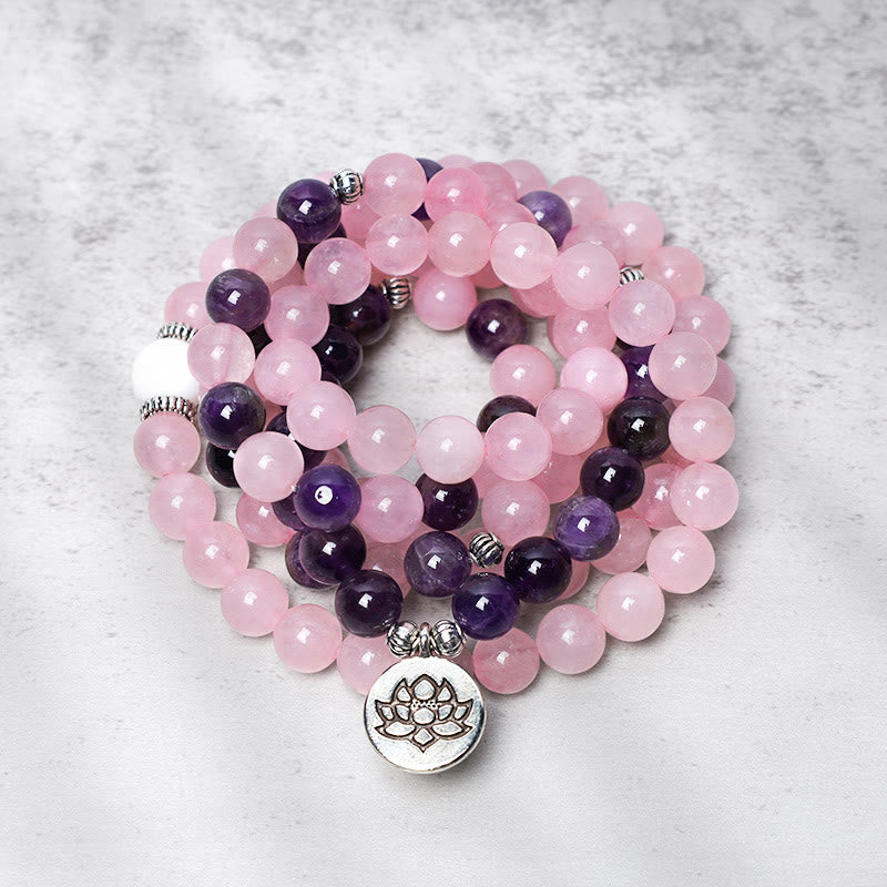 Buddha Stones Mala kralen lotus hanger Armband met natuurlijke rozenkwarts en amethist - image 1