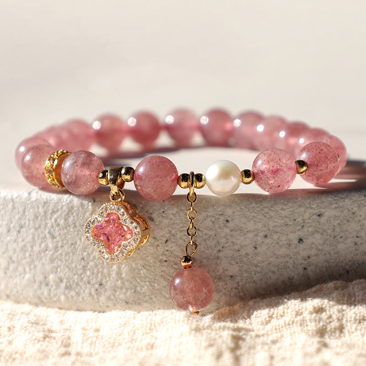 Buddha Stones Aardbeikwarts parel klavertje vier bedeltje helende Armband - image 7