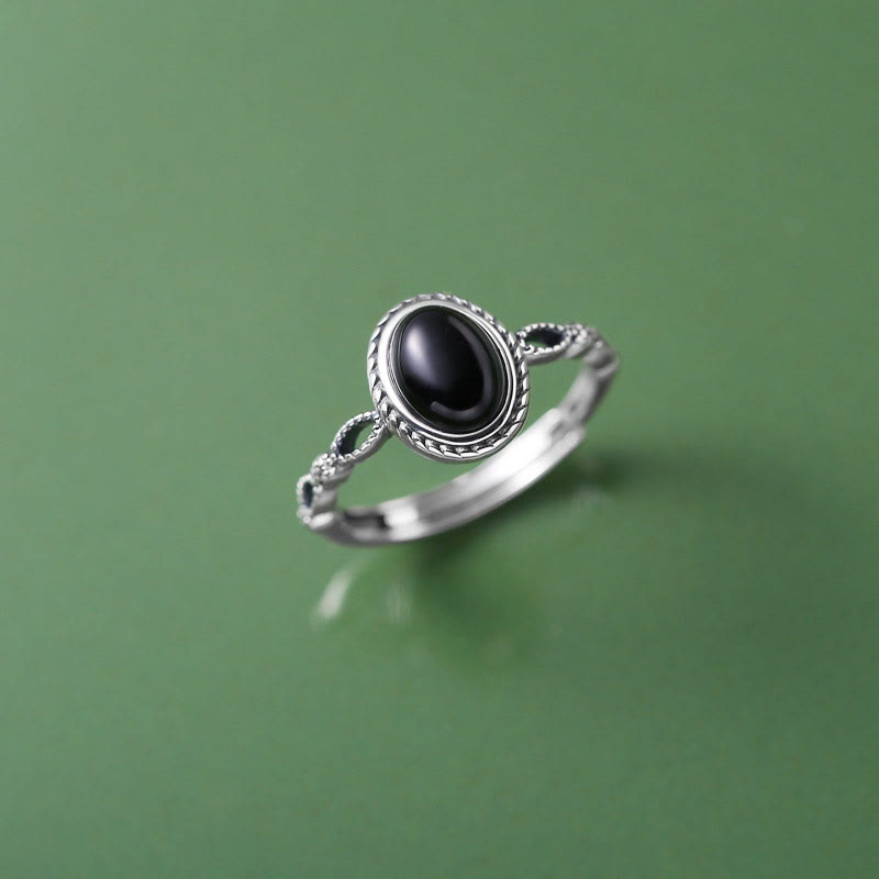 Buddha Stones 925 Sterling Zilveren Ring met Zwarte Onyx - Zwarte onyx (Bescherming♥Geluk) (Binnendiameter 17 mm) - image 0