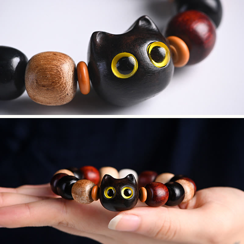 Buddha Stones Armband met kleine blaadjes, rood sandelhout, ebbenhout en schattige kat, gegraveerd ter bescherming - image 8