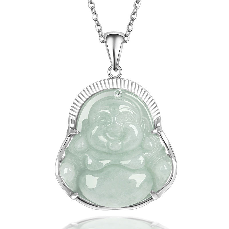 Buddha Stones Lachende Boeddha Jade Geluk Kalmte Titanium Stalen Ketting Hanger - Jade - image 0