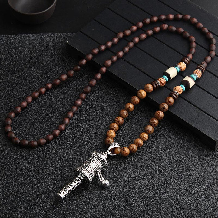 Buddha Stones Turkooizen Dzi-kralen Ketting meditatieketting van wengéhout - Zilveren gebedswiel - image 7