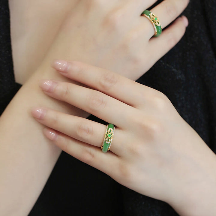 Buddha Stones 18-karaats vergulde Ring met natuurlijke groene chalcedoon. - image 2