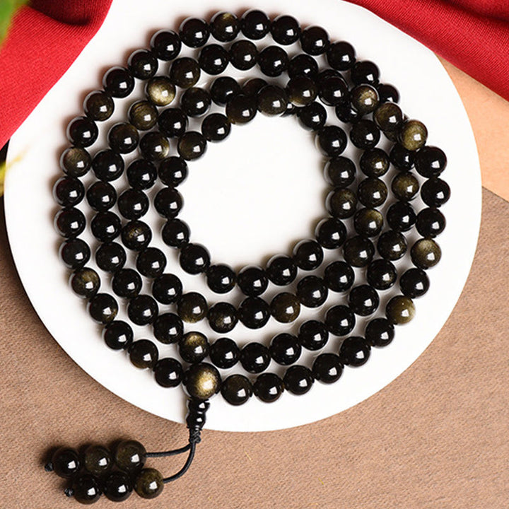Buddha Stones 108 Mala kralen, natuurlijke goudglans obsidiaan, rijkdom Armband - image 7