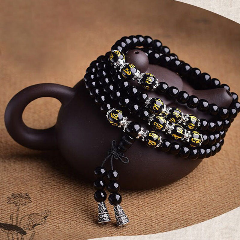 Buddha Stones Zwarte obsidiaan Mala Armband met de zes ware woorden ter bescherming - image 5