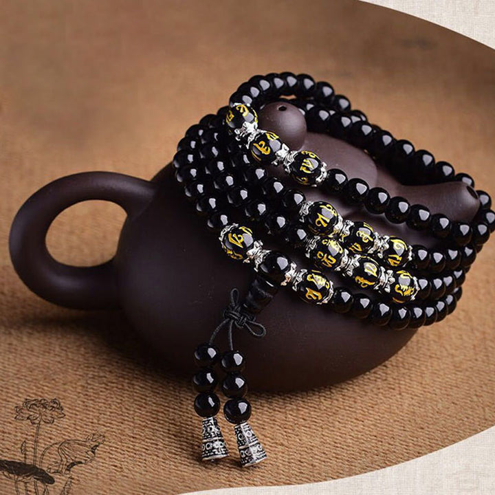 Buddha Stones Zwarte obsidiaan Mala Armband met de zes ware woorden ter bescherming - image 5