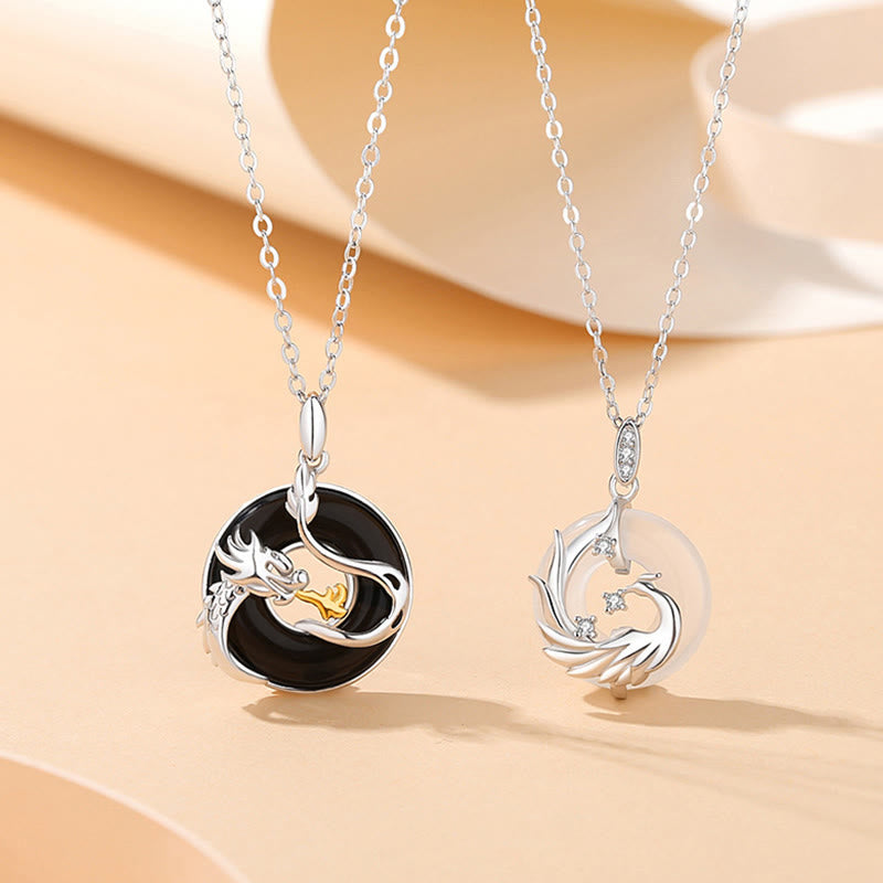 Buddha Stones 925 Sterling Zilveren Jaar van de Draak Natuurlijke Zwarte Onyx Chalcedoon Draak Feniks Vredesgesp Ketting - image 0