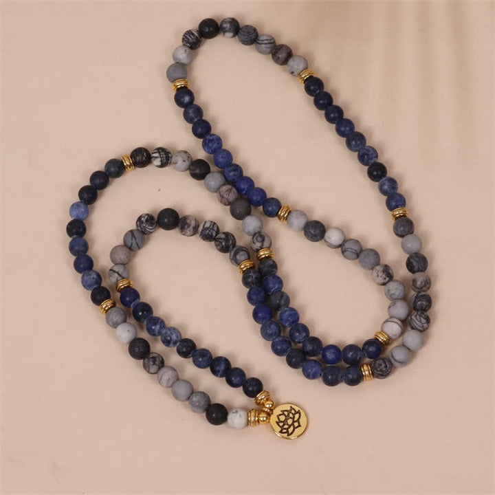 Buddha Stones 108 Mala kralen Sodalite Zebra Jaspis Kristal Lotus Armband - image 3