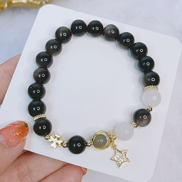 Buddha Stones Armband van obsidiaan met natuurlijke zilverglans, hart, ster en bloem. - image 6