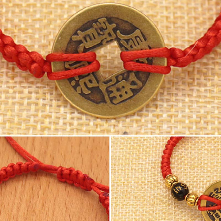 Buddha Stones Koperen munt geluksarmband met rood Armband - image 8