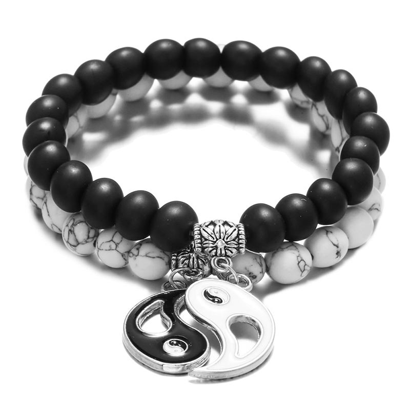 Buddha Stones 2 stuks natuurlijke zwarte onyx en witte turkooizen kralen Yin Yang Armband voor stellen - image 0