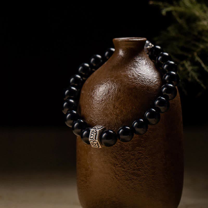Buddha Stones Chinese dierenriem geboorte Boeddha 925 sterling zilveren Armband met zwarte obsidiaan en maansteen ter bevordering van kracht - image 1