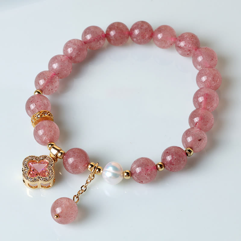 Buddha Stones Aardbeikwarts parel klavertje vier bedeltje helende Armband - image 1
