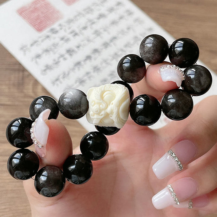Buddha Stones Zilveren Obsidiaan Bodhizaad Ivoor Fruit Dansende Leeuw Armband - image 7