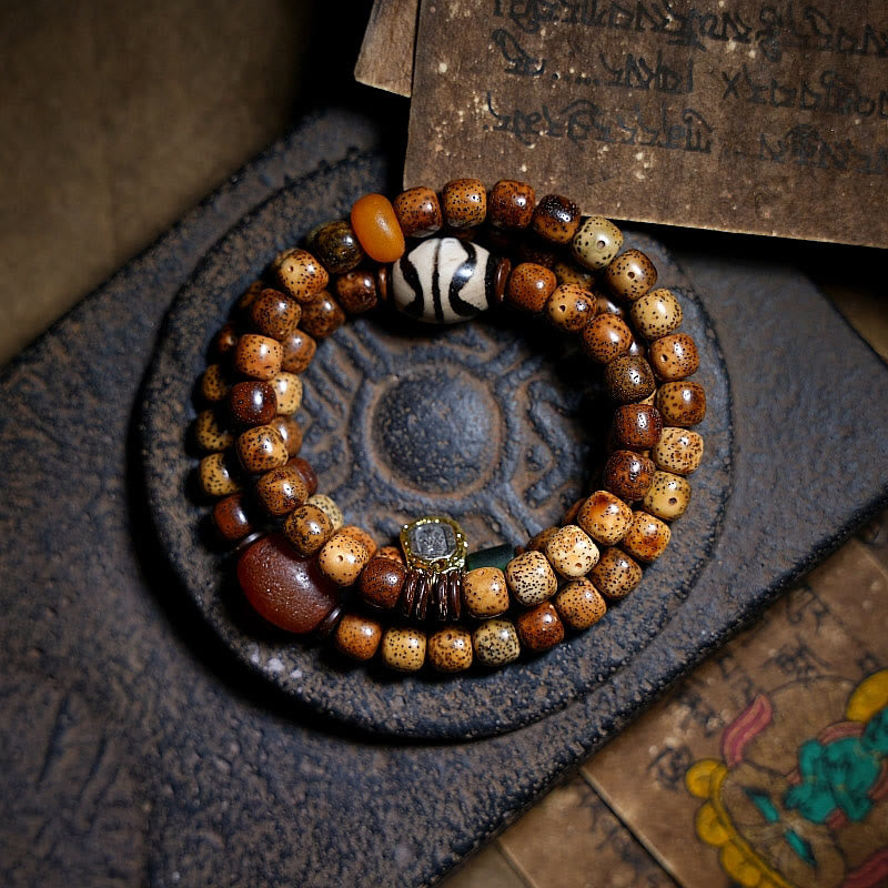 Buddha Stones Tibetaanse Bodhi-zaadkraal, barnsteen Dzi-kraal, agaat Zakiram-kralen, godin van de rijkdom, drievoudige Armband - 19-20 cm - image 0