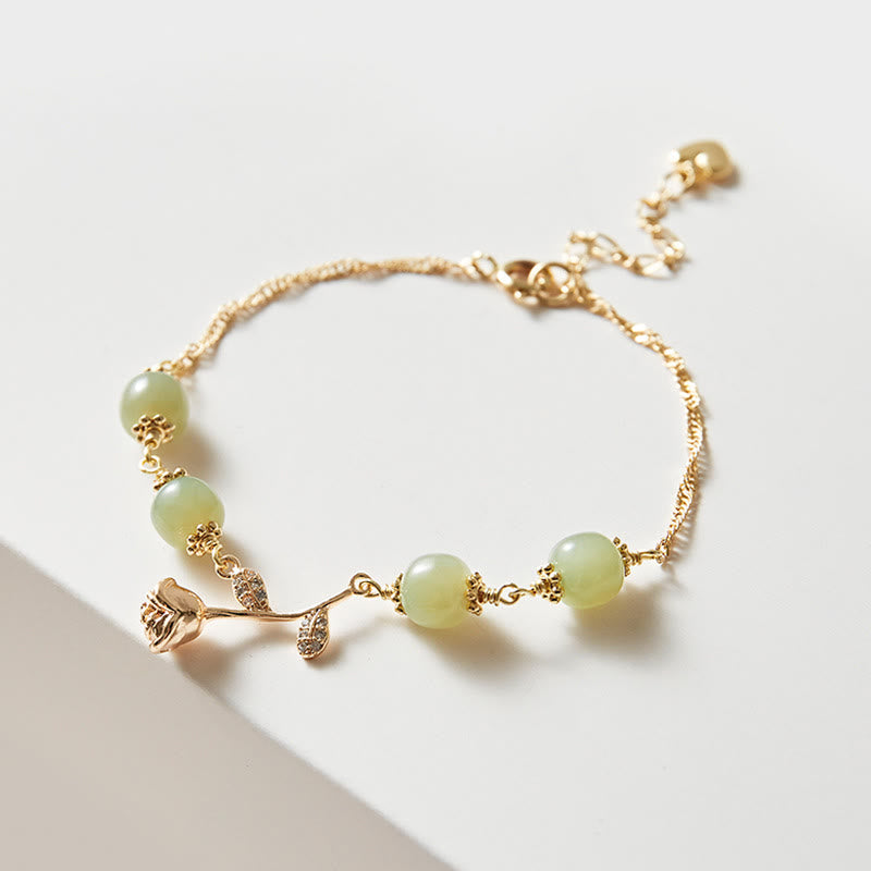 Buddha Stones 14-karaats vergulde Hetian jade gouden rozenbloem Armband - Jade (Welvaart♥Overvloed) (Polsomtrek 13-18 cm) - image 0
