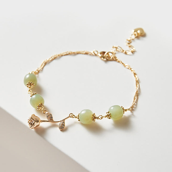 Buddha Stones 14-karaats vergulde Hetian jade gouden rozenbloem Armband - Jade (Welvaart♥Overvloed) (Polsomtrek 13-18 cm) - image 0