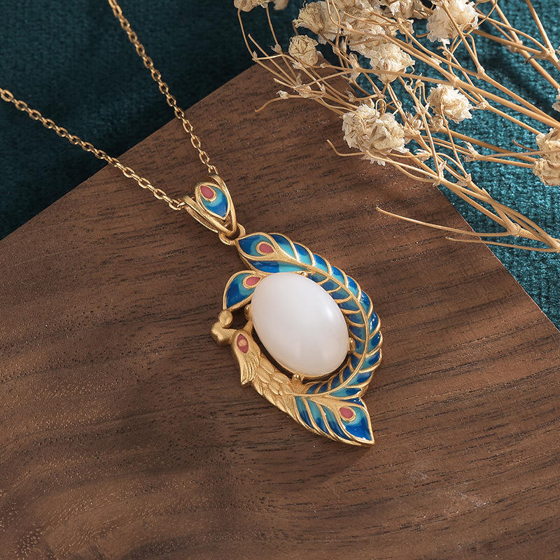 Witte jade pauw koperen zegen Ketting - image 1