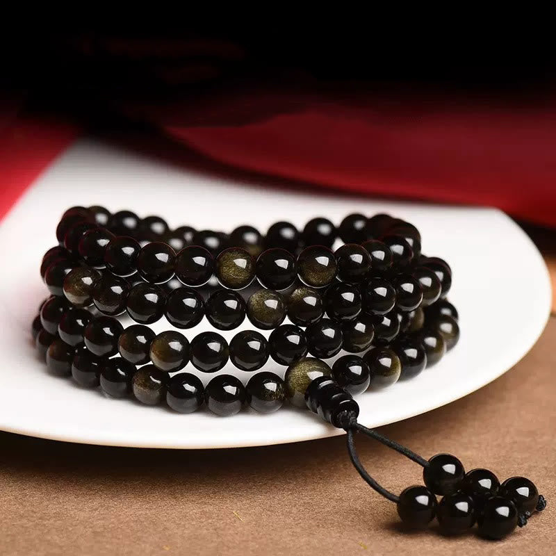 Buddha Stones 108 Mala kralen, natuurlijke goudglans obsidiaan, rijkdom Armband - image 1