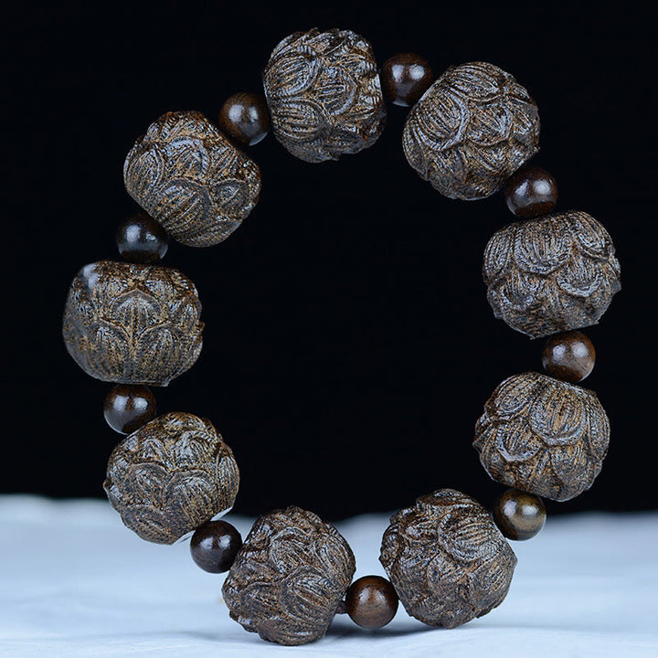 Buddha Stones Armband van ebbenhout met achttien arhats, lotus en draak. - 20mm* 9 kralen (lotus) - image 1