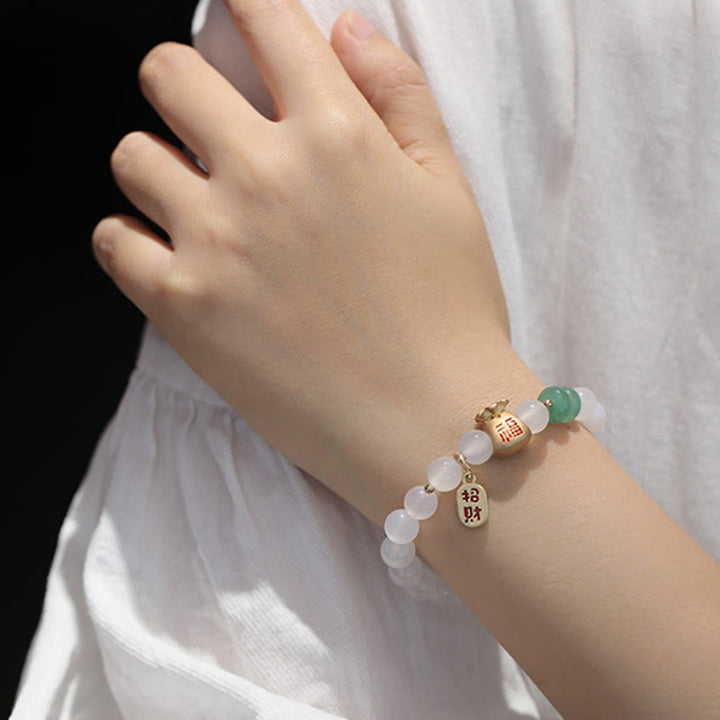 Buddha Stones Natuurlijke witte agaat, rode agaat, geldzak, Fu-teken, klavertje vier, Armband - image 6