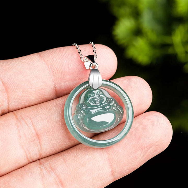Buddha Stones Ketting met hanger van natuurlijke jade, ronde lachende Boeddha en titanium stalen ketting ter ere van overvloed. - image 5